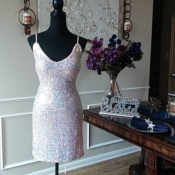 Eilly Bazar Embellished Light Pink Cocktail Mini Dress Size L - Picture 8 of 17